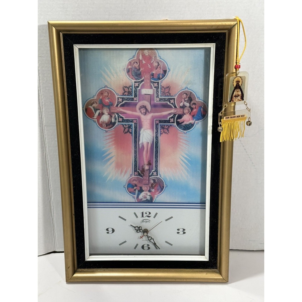 VINTAGE Quartz 3D Religious Jesus On The Cross Taiyih Clock Box Wall Art WORKS